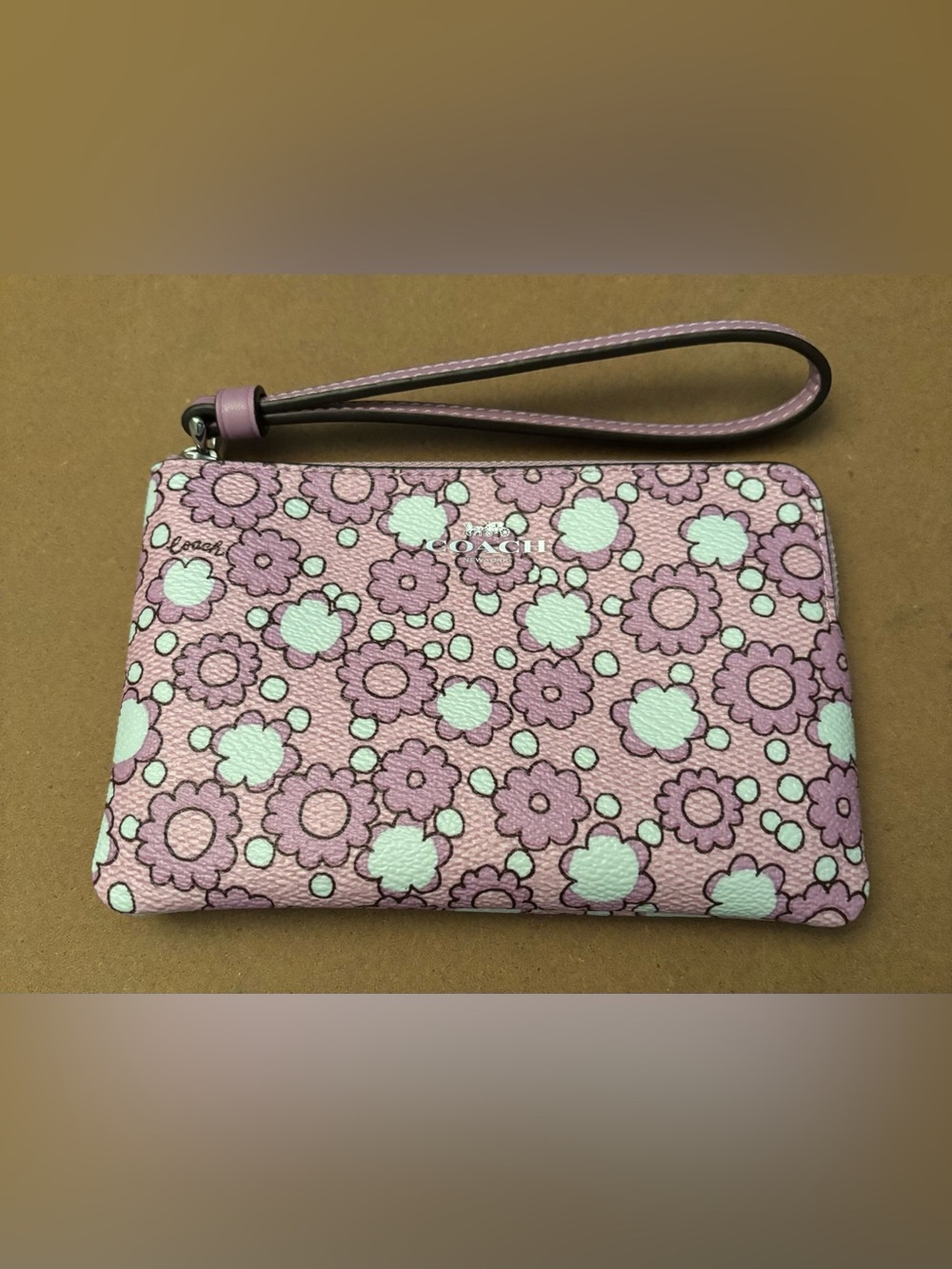 Coach Pink Floral Wristlet with Mint Accents
